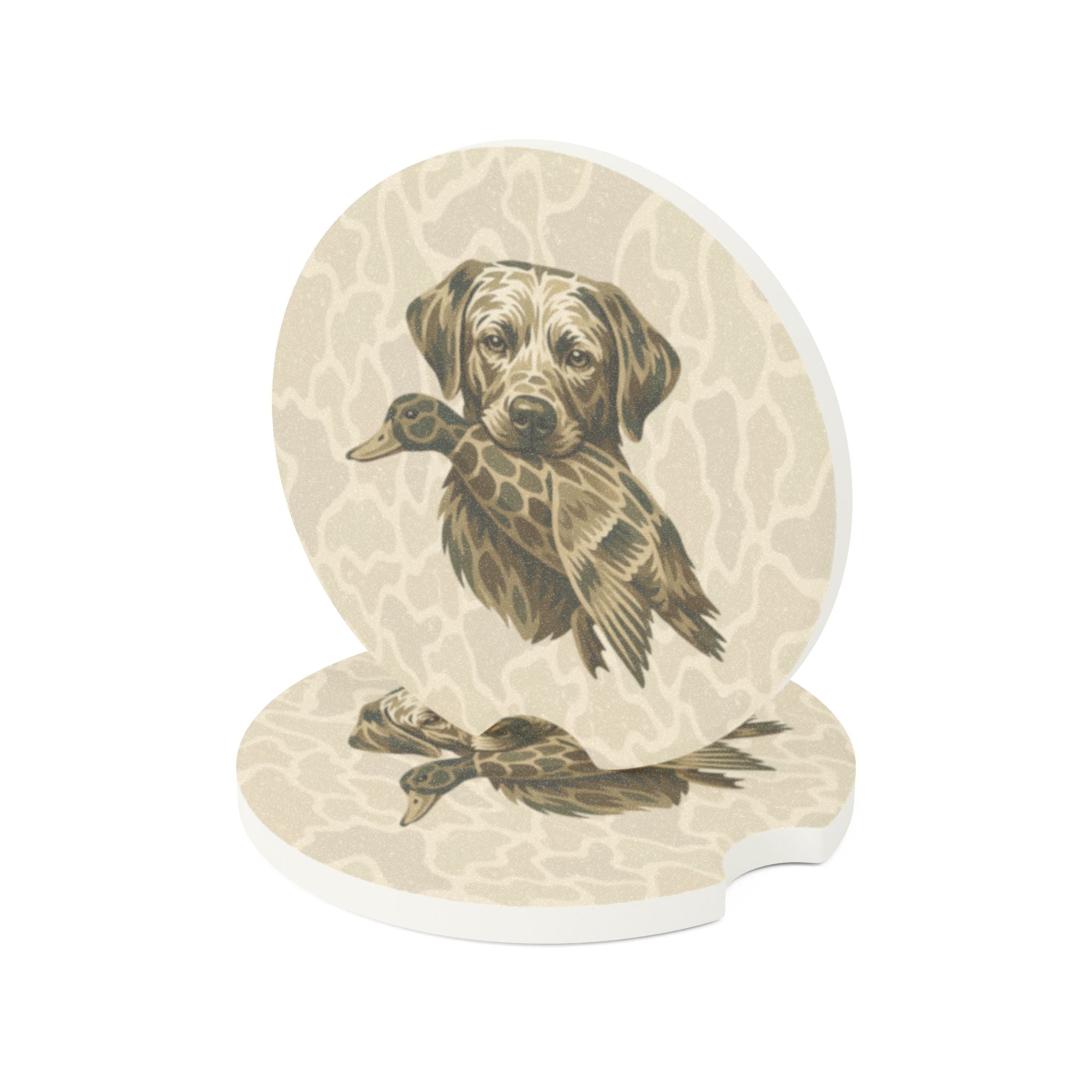 CAMO DOG & DUCK Soapstone Car Coaster — Rustic Hunting Labrador, Car Drink Holder
