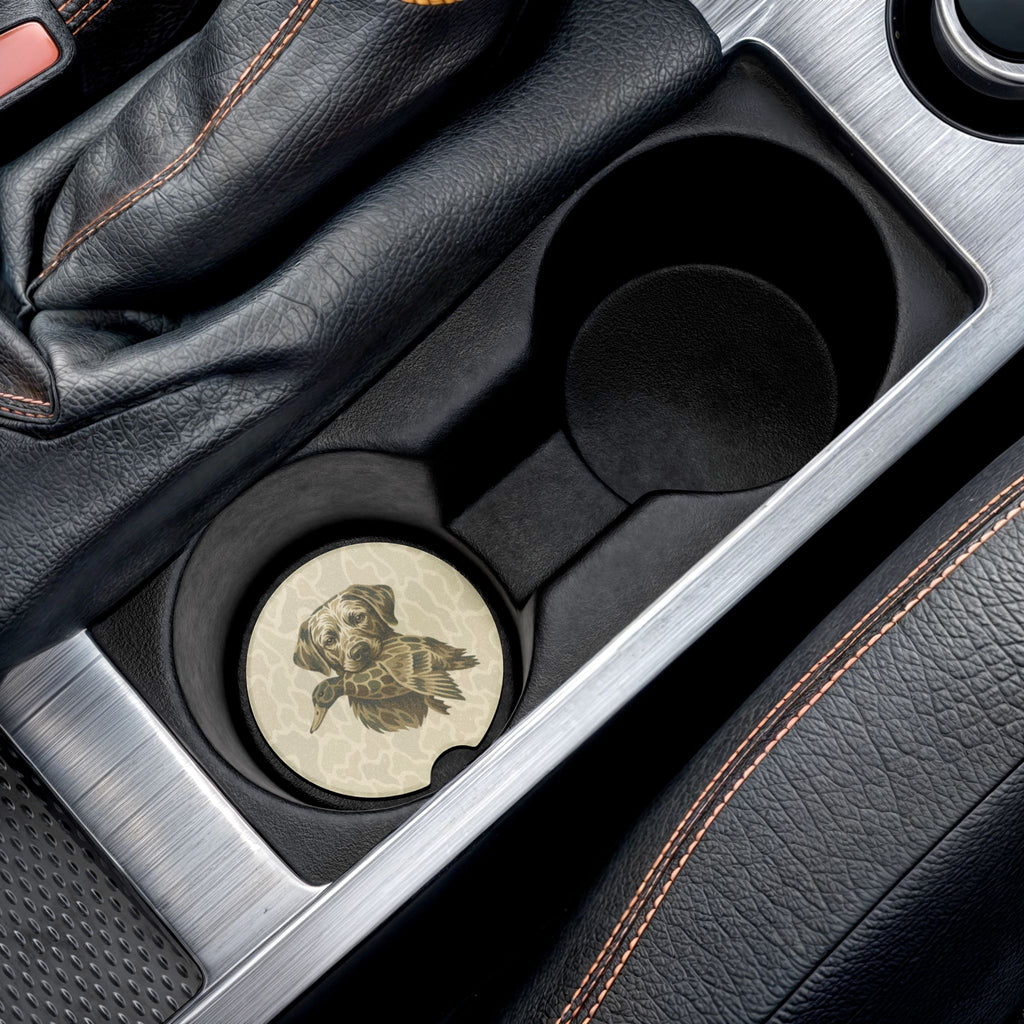 CAMO DOG & DUCK Soapstone Car Coaster — Rustic Hunting Labrador, Car Drink Holder