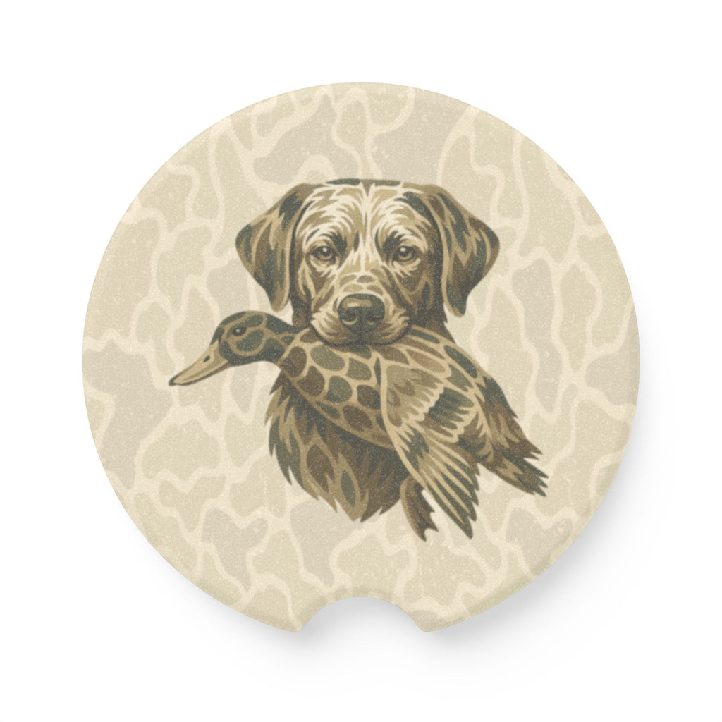 CAMO DOG & DUCK Soapstone Car Coaster — Rustic Hunting Labrador, Car Drink Holder