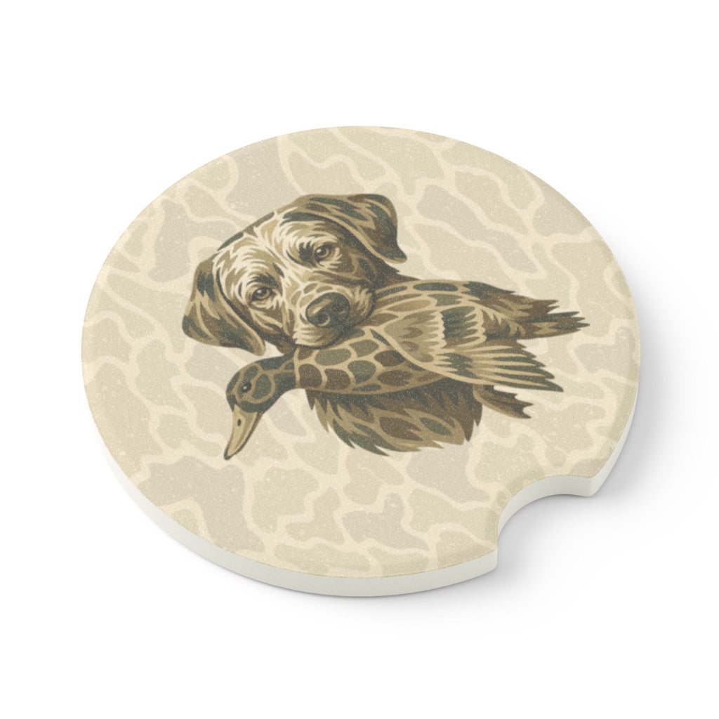 CAMO DOG & DUCK Soapstone Car Coaster — Rustic Hunting Labrador, Car Drink Holder