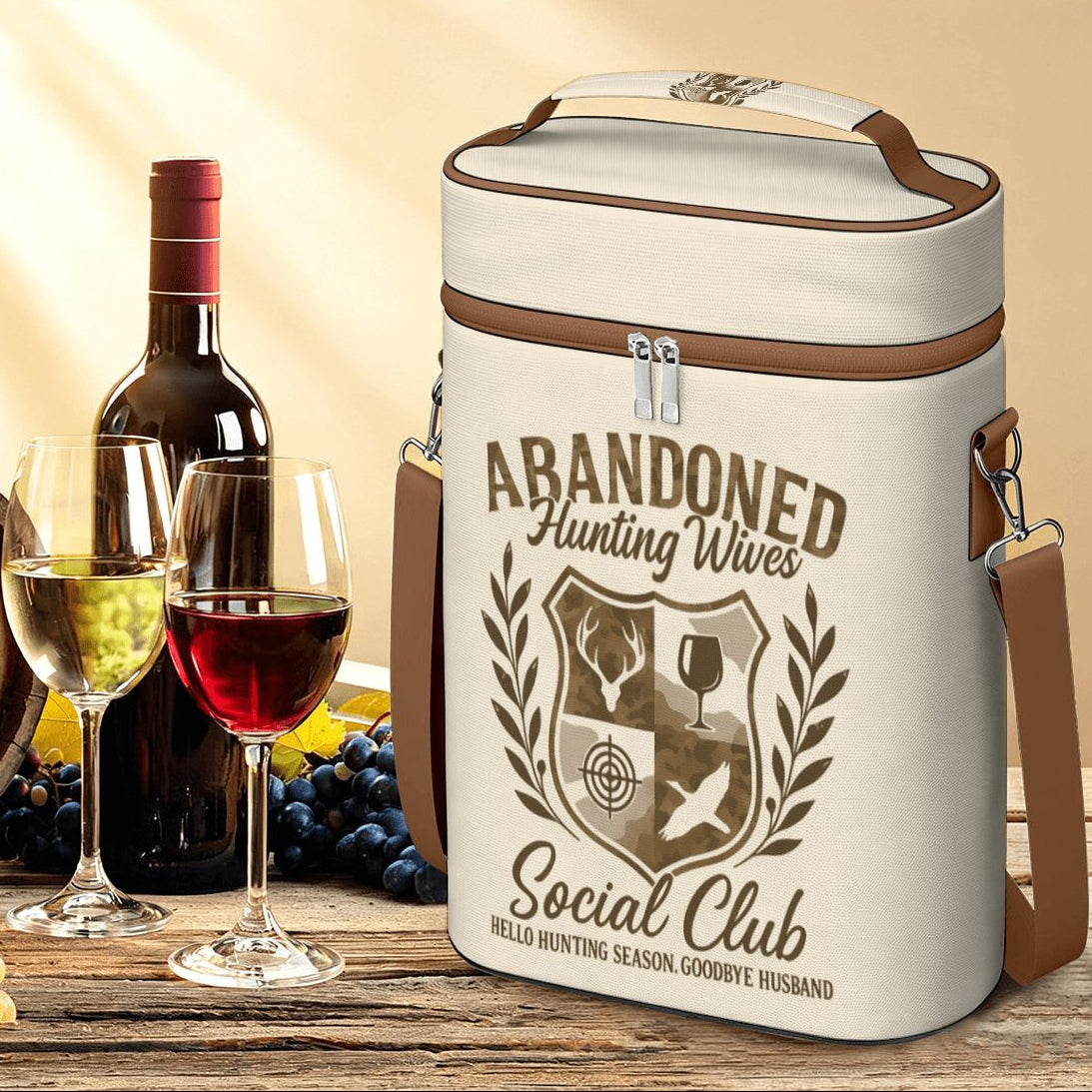 wine cooler tote with shoulder strap cream in color with graphic of shield with deer, wine glass, target, duck, titled Abandoned Hunting Wives Social Club HELLO HUNTING SEASON. GOODBYE HUSBAND. 